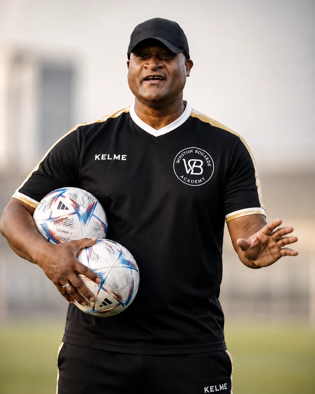 Winston Bogarde geeft een aanwijzing met twee ballen in zijn arm, in het tenue van de academy