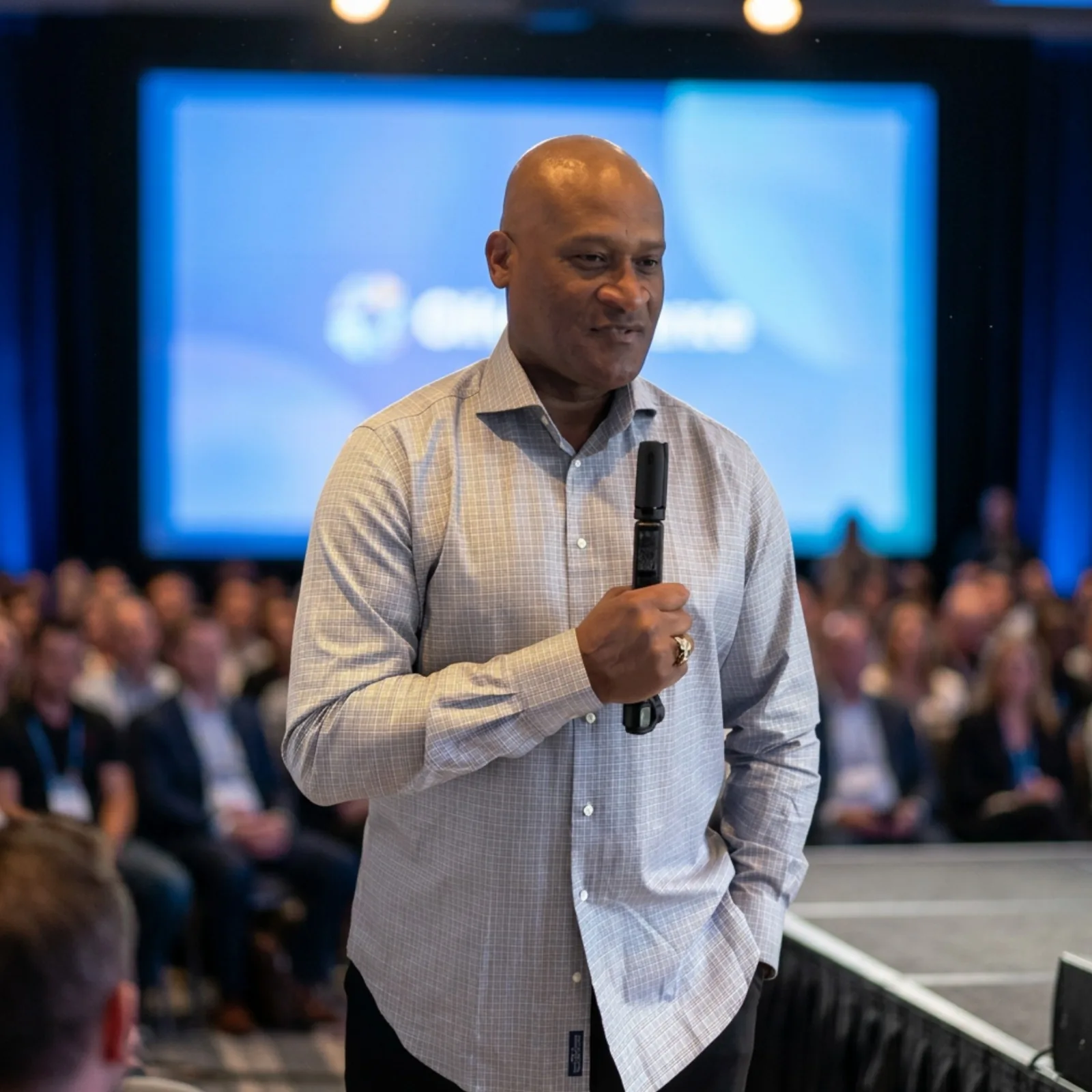 Winston Bogarde met een microfoon in zijn hand, sprekend voor een volle zaal